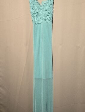 Aqua/Turquoise Crochet Yoke Maxi Dress - Sheer Pleated Skirt